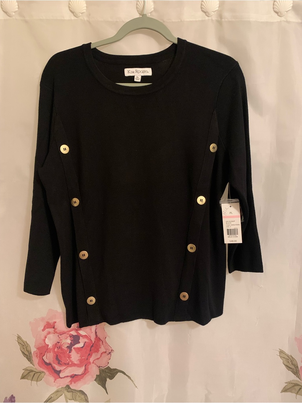 Kim Rogers Black Crewneck Sweater with Button Detail